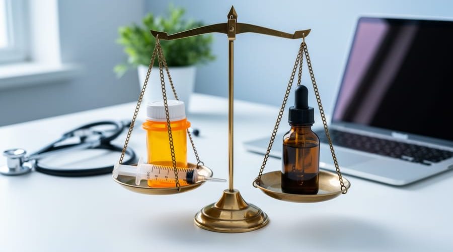 Balance scale on a white clinical desk holding an unlabeled amber prescription bottle with an oral syringe on one side and an amber CBD oil dropper on the other, with a blurred stethoscope, laptop, and plant in soft daylight.