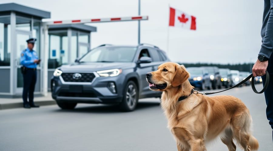 Golden retriever on a leash beside an SUV at a Canadian border checkpoint, with a blurred officer, red-and-white barrier arm, and a distant maple leaf flag under soft daylight.