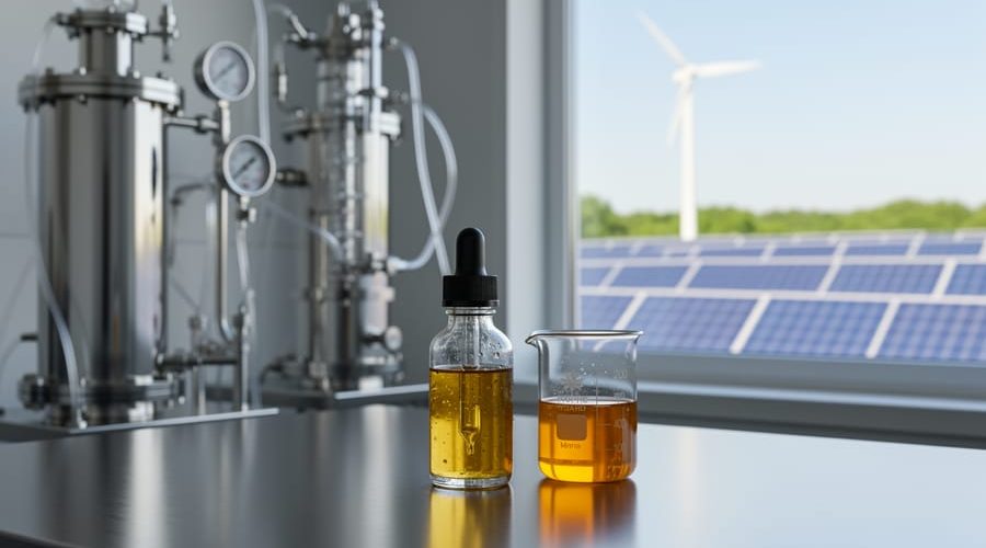 CBD oil dropper and beaker of golden extract on a stainless-steel lab bench, with blurred CO2 extraction equipment behind and solar panels with a wind turbine visible through a bright window, conveying clean, sustainable processing.