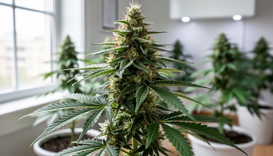 Close-up of healthy cannabis plant growing in fabric pot with rich soil