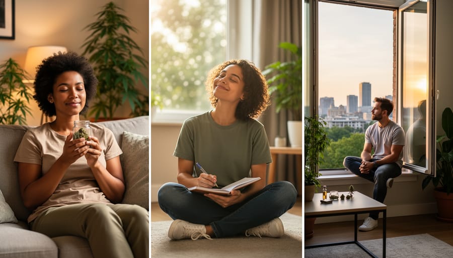 Woman sitting thoughtfully with journal in bright modern living room