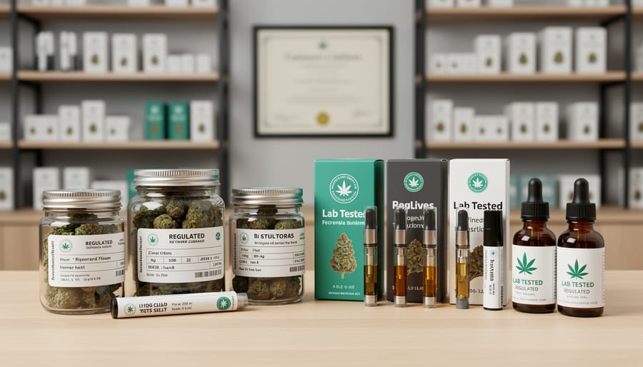 Hands holding jar of cannabis flower with legal dispensary packaging