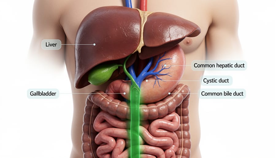 Anatomical model showing human liver and common bile duct system