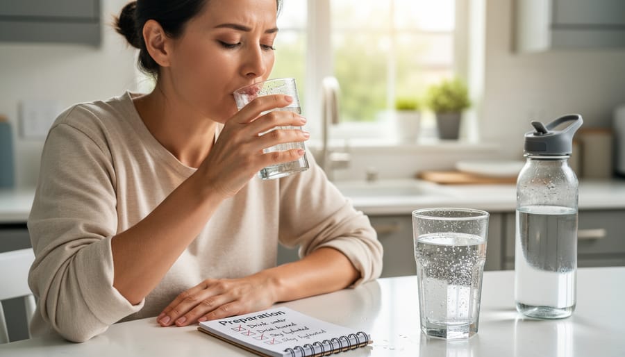 Woman's hands holding glass of water at wooden table in calm home setting