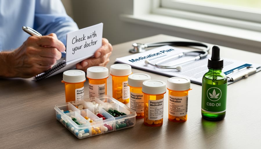 Senior woman's hands holding multiple prescription medication bottles on table