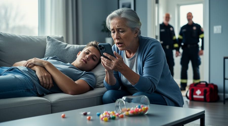 Concerned parent kneels by a drowsy child on a sofa, calling 911 on a smartphone, with a few gummies on a coffee table and paramedics entering through the doorway in soft focus.