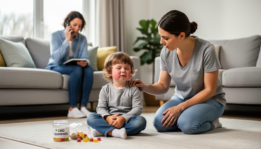 Parent checking child's temperature while child rests on couch