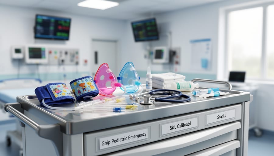 Pediatric medical equipment including child-sized oxygen mask and monitoring devices on medical cart