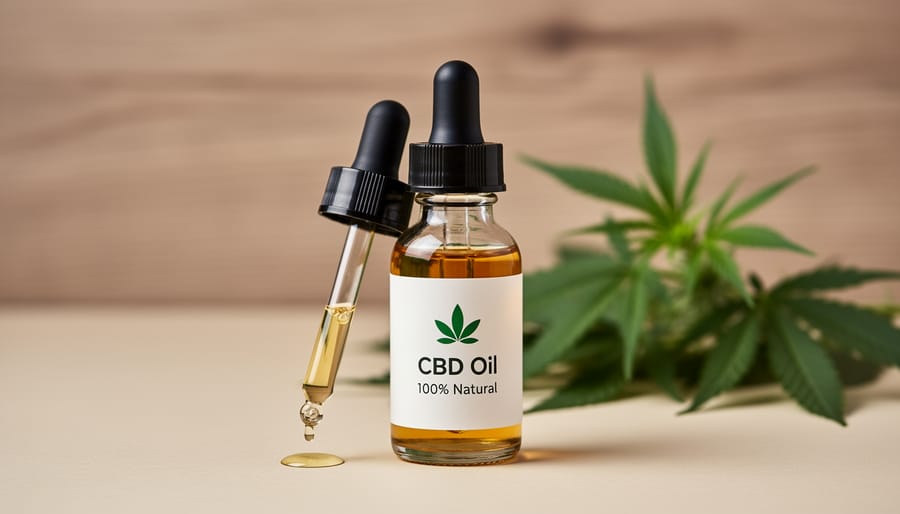 Close-up of pure amber CBD oil droplet on glass dropper with hemp leaves