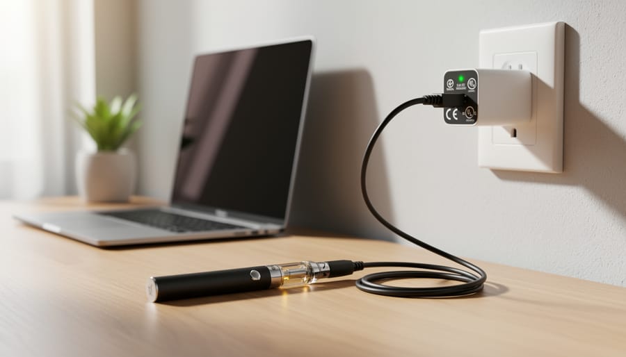 CBD vape pen being charged safely with proper USB cable on desk