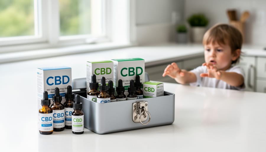 CBD products stored in secure wall-mounted lockbox with key
