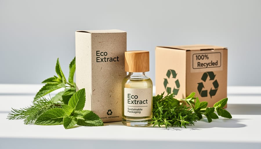 Eco-friendly CBD product packaging with recycling symbols on natural materials