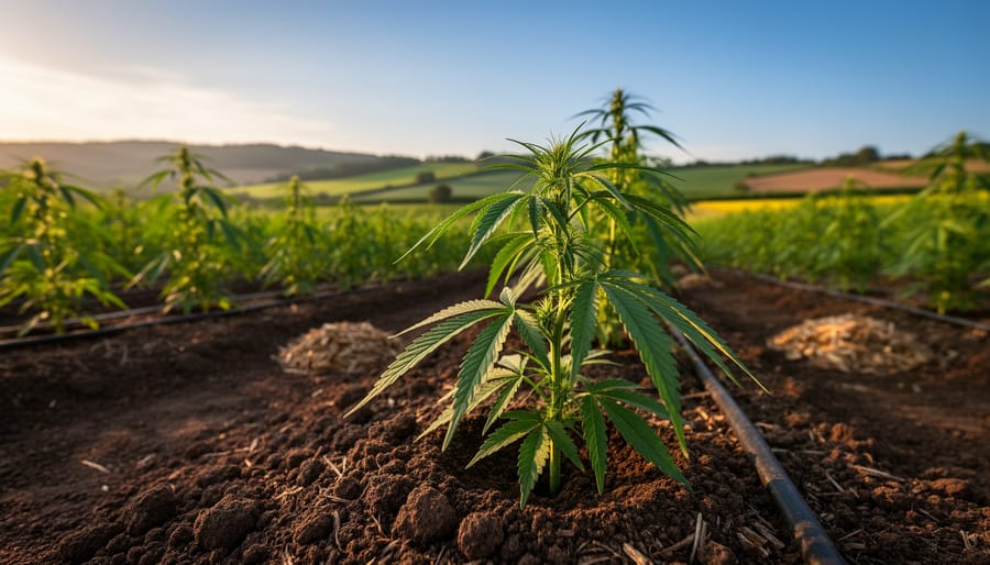 Hands holding hemp plant with exposed root system and rich organic soil