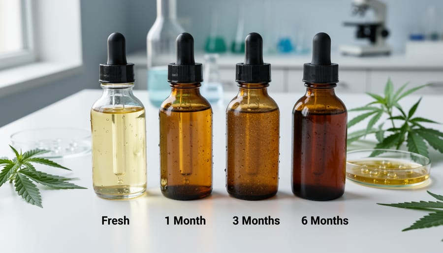 Amber CBD oil bottle showing color difference between fresh and degraded terpene oil