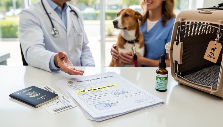 Veterinary documents and CBD pet product on desk