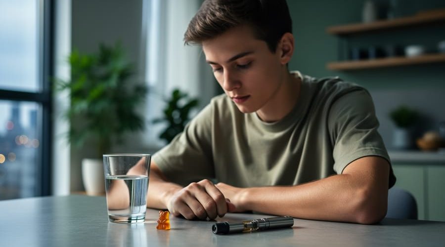 Young adult at a kitchen table thoughtfully looking at a single amber cannabis gummy beside a glass of water and vape pen, with a softly blurred apartment interior and plants in the background.