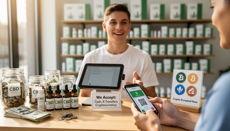 Various alternative payment methods including cash, digital transfers, and cryptocurrency accepted by CBD retailers