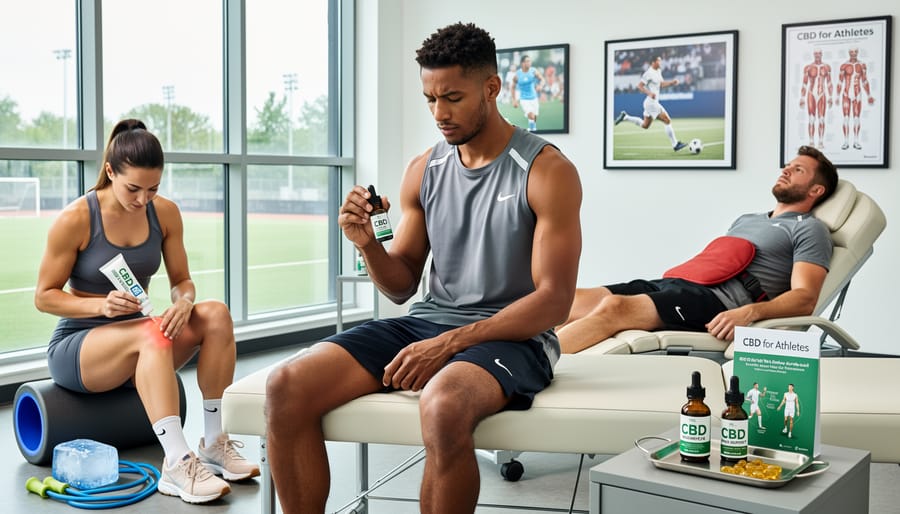 Athletic recovery scene showing CBD topical product in professional sports context