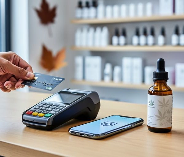 Close-up of a CBD shop counter with a card terminal, a customer holding a credit card above it, a smartphone indicating a digital wallet option, and an amber CBD dropper bottle, with blurred shelves and subtle Canadian decor in the background.