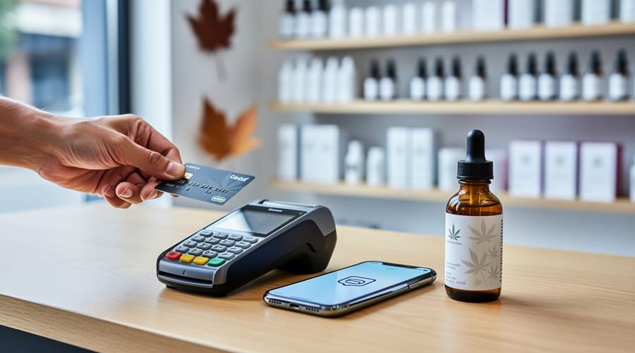 Close-up of a CBD shop counter with a card terminal, a customer holding a credit card above it, a smartphone indicating a digital wallet option, and an amber CBD dropper bottle, with blurred shelves and subtle Canadian decor in the background.