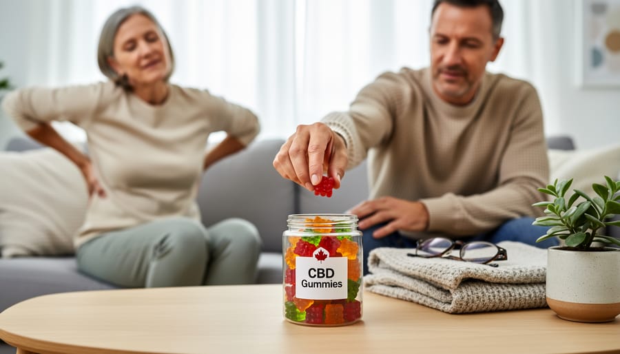 Person holding jar of CBD gummies at kitchen table in natural morning light