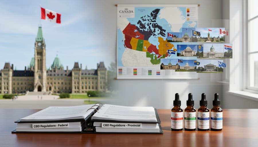 Canadian flag with Parliament building in background representing government authority