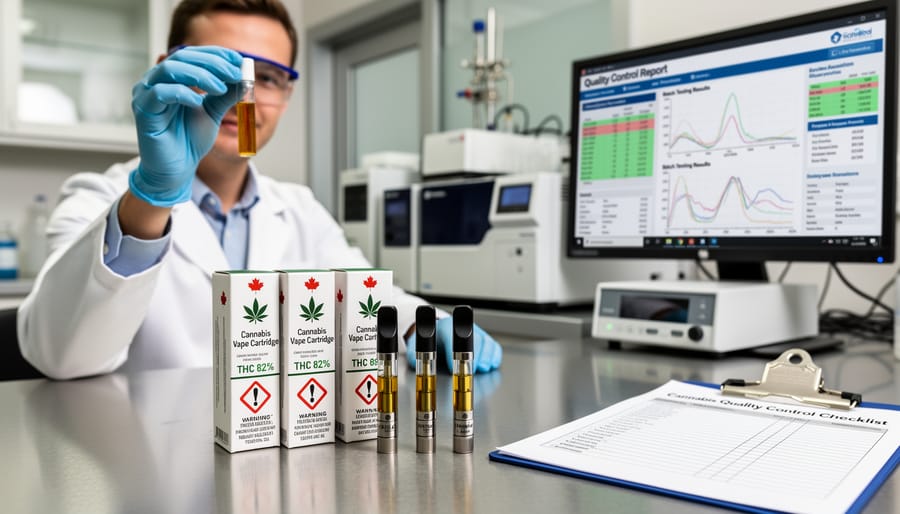 Laboratory technician examining cannabis vape product in clinical testing environment