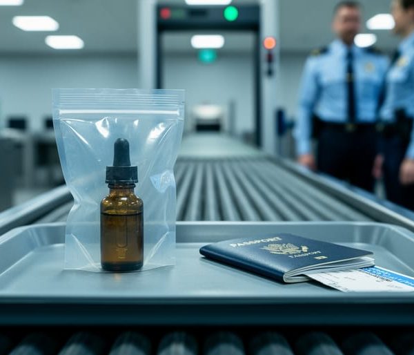 Close-up of an airport security tray with a clear plastic bag containing an amber CBD oil dropper bottle beside a closed passport and boarding pass, with blurred conveyor, metal detector, and security officers in cool airport lighting.