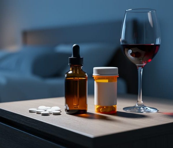 CBD oil dropper bottle beside an unlabeled prescription pill bottle and a glass of red wine on a nightstand, lit with dramatic side light and a softly blurred bedroom in the background.
