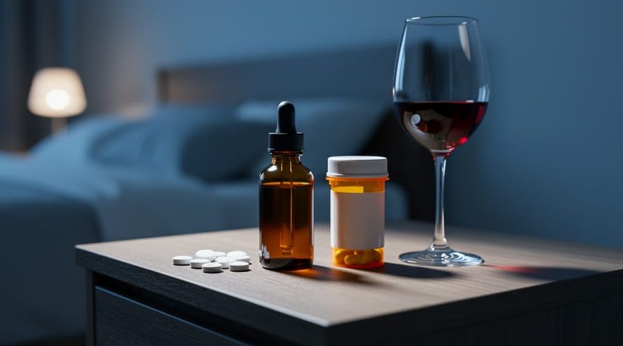 CBD oil dropper bottle beside an unlabeled prescription pill bottle and a glass of red wine on a nightstand, lit with dramatic side light and a softly blurred bedroom in the background.