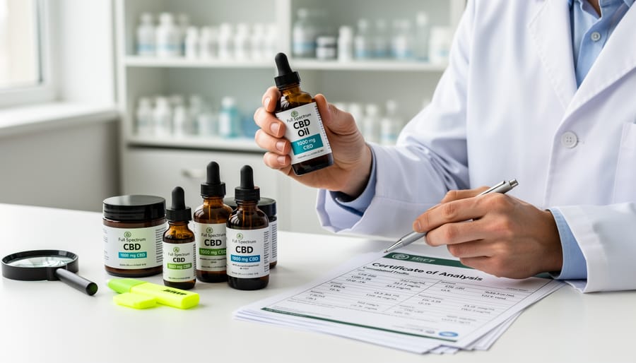 CBD oil bottle positioned next to Certificate of Analysis document on white surface