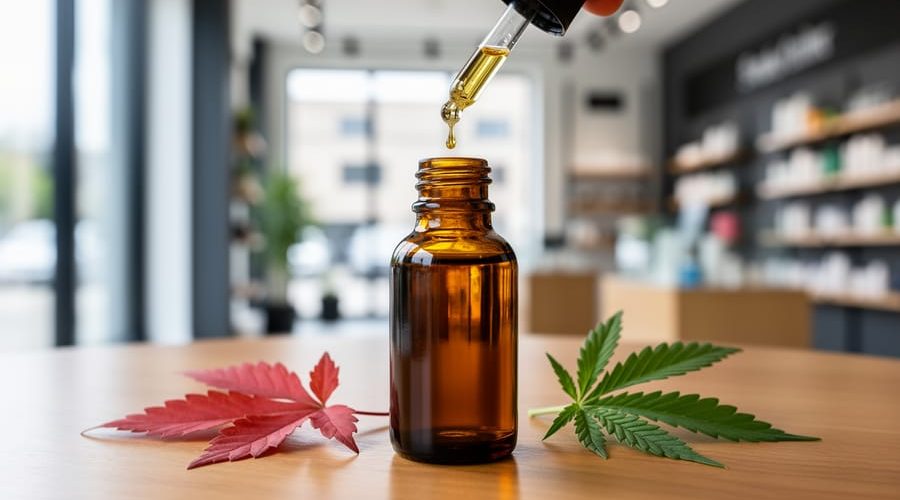 Close-up of an amber CBD oil bottle and dropper releasing a golden drop beside a red maple leaf and green cannabis leaf on a wooden table, with a blurred cannabis retail store interior behind.