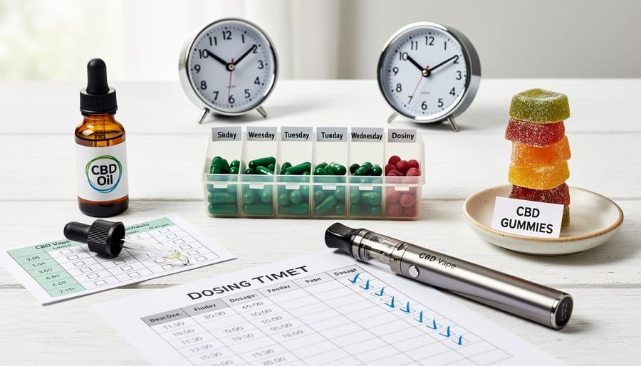 Overhead view of various CBD products including oils, capsules, and topicals arranged on white surface