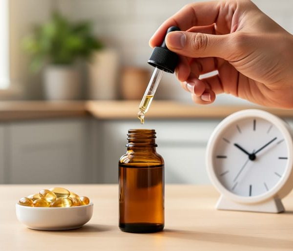 Hand holding a CBD oil dropper over an amber bottle on a kitchen table with capsules and an analog clock in the softly blurred background, lit by gentle morning daylight.