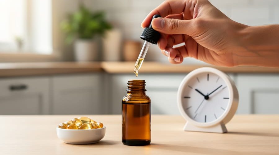 Hand holding a CBD oil dropper over an amber bottle on a kitchen table with capsules and an analog clock in the softly blurred background, lit by gentle morning daylight.