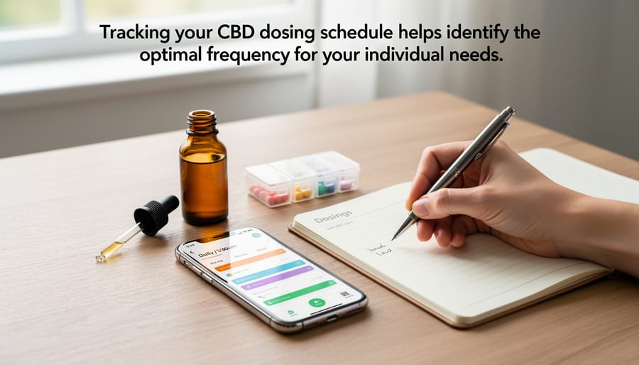 Journal with dosing notes, CBD bottle, and tracking materials on wooden desk