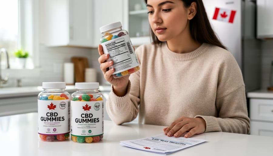 CBD gummy bottle with label next to gummies and magnifying glass for quality inspection