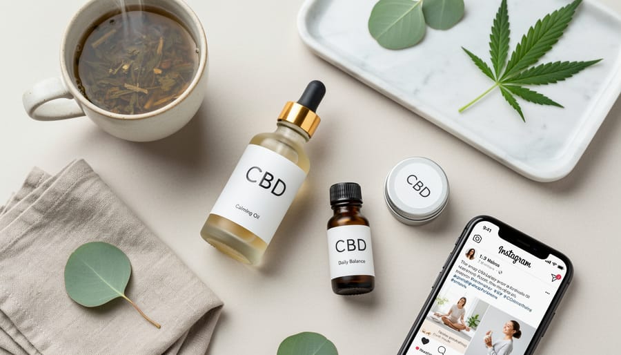 Minimalist CBD products styled with fashion magazine in modern setting