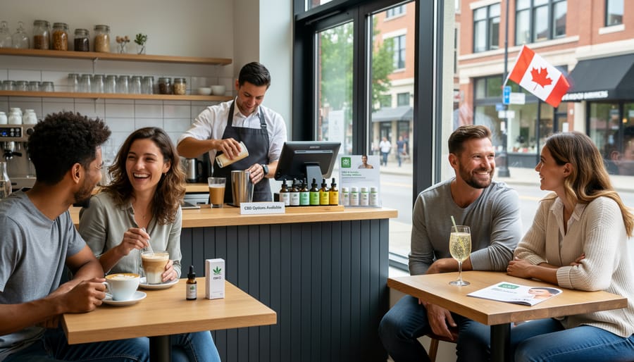 Diverse group having casual conversation with CBD beverages in modern café setting