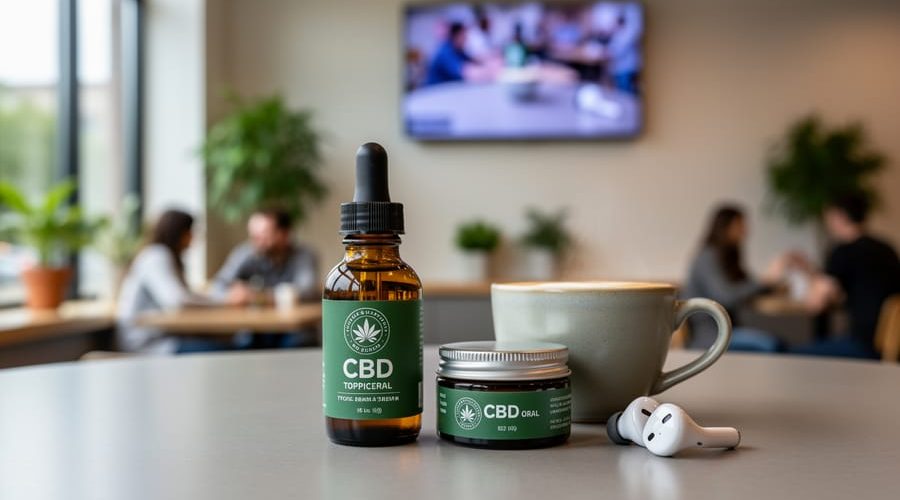 Close-up of a CBD dropper bottle and small topical jar next to a latte on a cafe table, with adults chatting and plants softly blurred in the background.