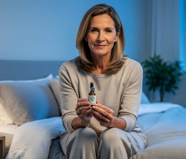 Midlife woman seated on a bed at dusk holding an unbranded amber CBD oil dropper bottle, with soft lamp light and cool window light; blurred bedside table with glass of water and potted plant in the background.