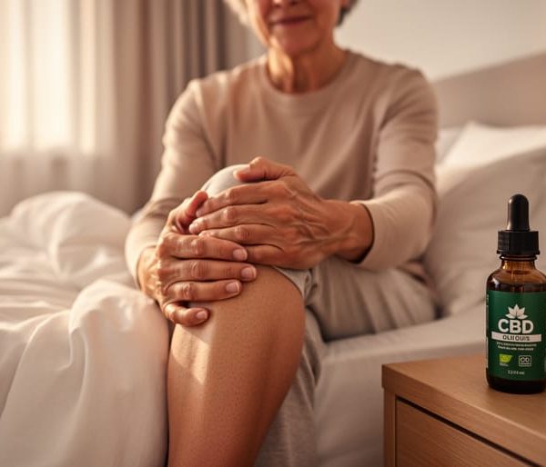 Middle-aged person seated on the edge of a bed holding their knee, with an unlabeled amber CBD oil dropper bottle on a wooden nightstand in warm morning light.