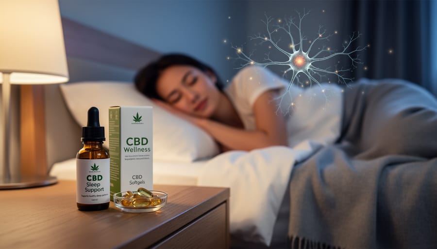 Hands holding CBD oil bottle with hemp leaves on wooden table