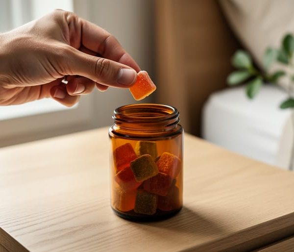 Hand lifting a square CBD gummy from an open amber jar on a wooden bedside table, with hemp leaves and a steaming mug, softly lit by morning window light and a blurred bedroom background.