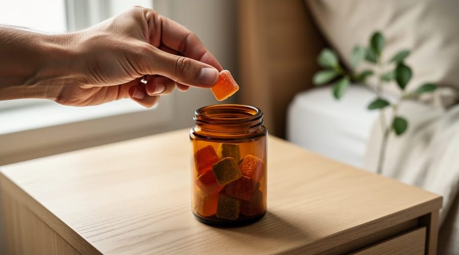 Hand lifting a square CBD gummy from an open amber jar on a wooden bedside table, with hemp leaves and a steaming mug, softly lit by morning window light and a blurred bedroom background.