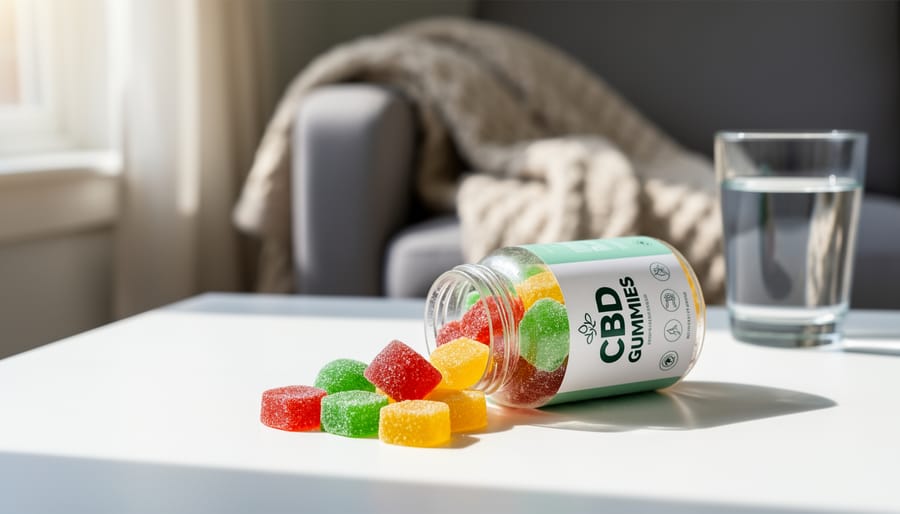 Colorful CBD gummies displayed with hemp leaves on marble surface