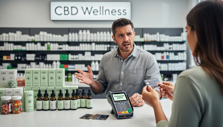 Point-of-sale payment terminal showing declined transaction at CBD retail counter