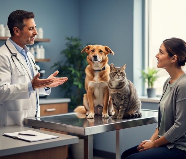Veterinarian and pet owner in a bright clinic consulting with a calm dog and cat on a stainless exam table; an amber CBD dropper bottle and notepad sit on the counter; soft daylight and blurred clinic shelves in the background.