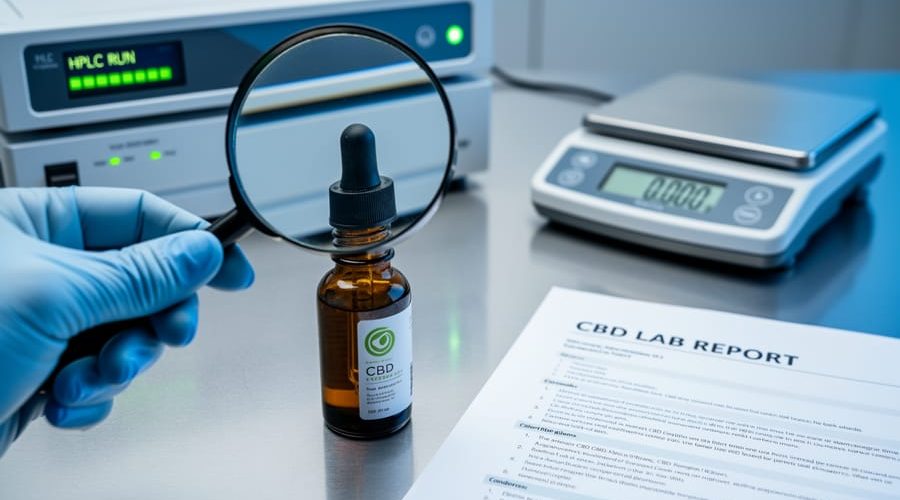 Unbranded amber CBD oil bottle and glass dropper on a stainless lab bench, inspected by a gloved hand with a magnifying glass, with blurred lab equipment and an out-of-focus report in the background.