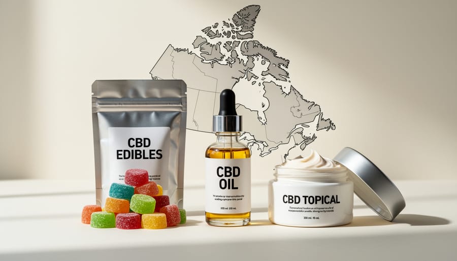CBD oil bottle and edible products displayed on retail counter